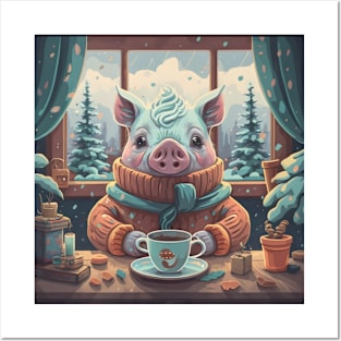 Cozy pig having coffee Posters and Art